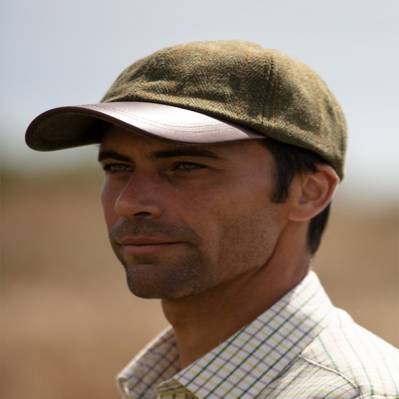 Made in UK Tweed Baseball Cap with Leather Peak One-Size Colour Dark Sage